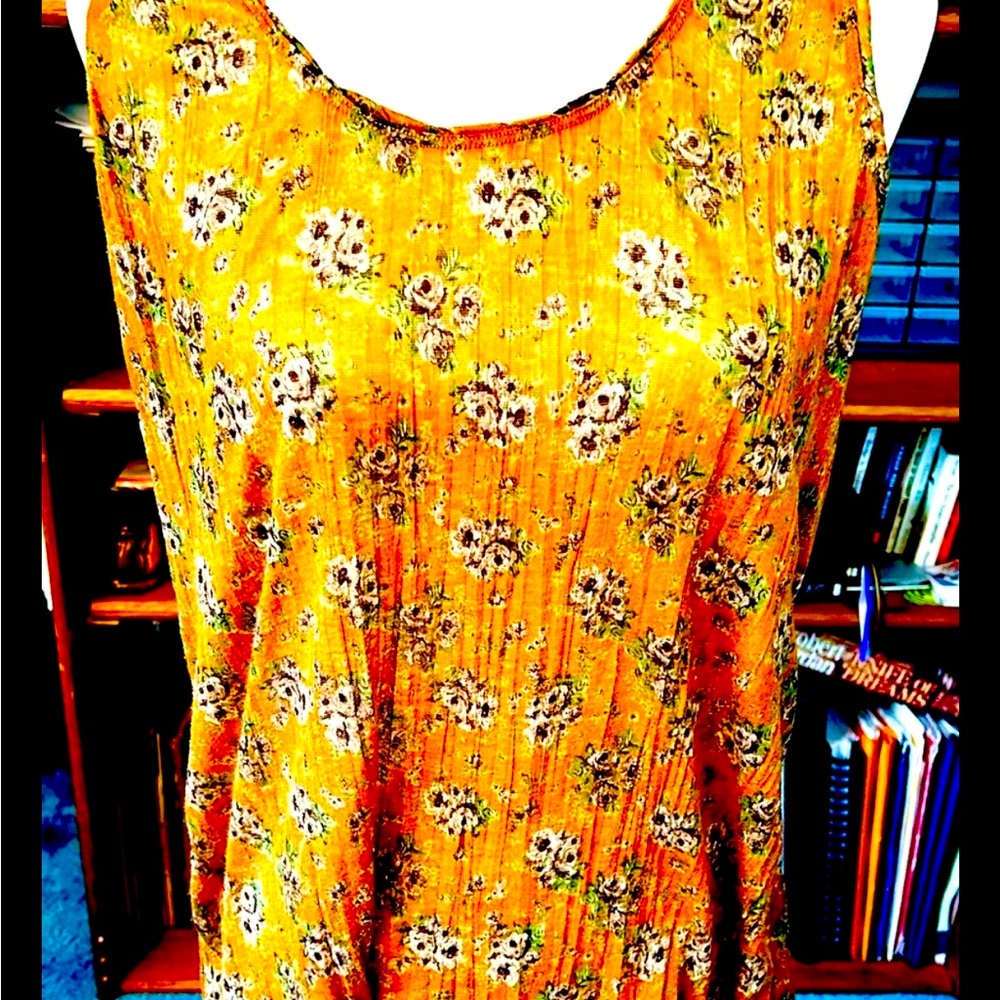 FREE PEOPLE Lovely Vintage Mustard & Blue Floral Racerback Tank Top, Medium